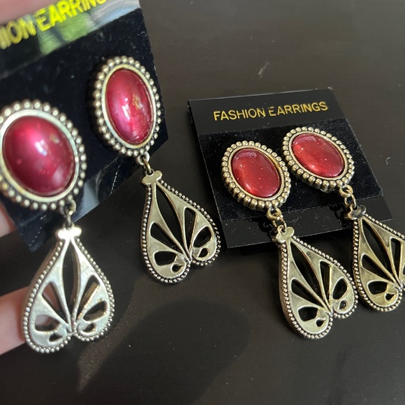 Vintage Dangle Clip On Costume Jewelry Ruby Faux Gem Drop Dangle Earrings Retro - Picture 4 of 6
